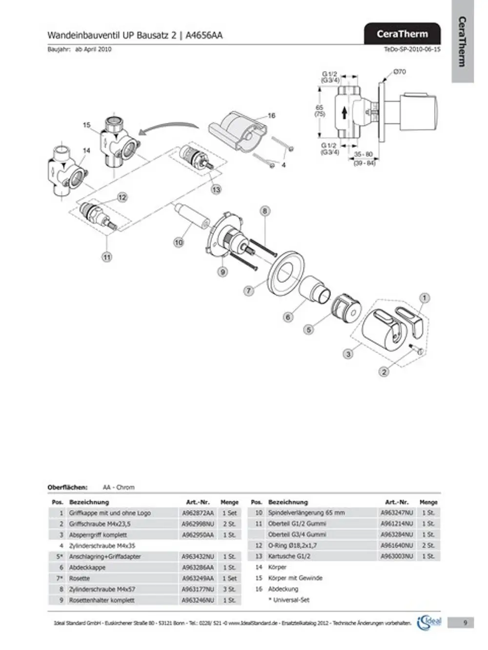 Schematische Darstellung eines UP-Ventils von Ideal Standard mit aufgelisteten Komponenten und Artikelnummern in einer exploded view.